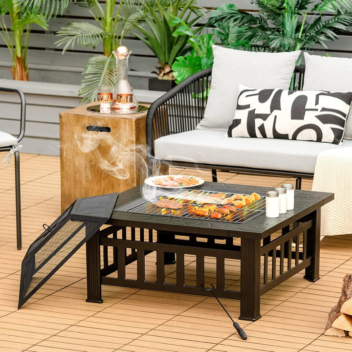 KOMFOTTEU Feuerschale Feuerkorb, Feuerstelle mit Grillrost & Decekl, Flammschale 81 x 81cm Outdoor,