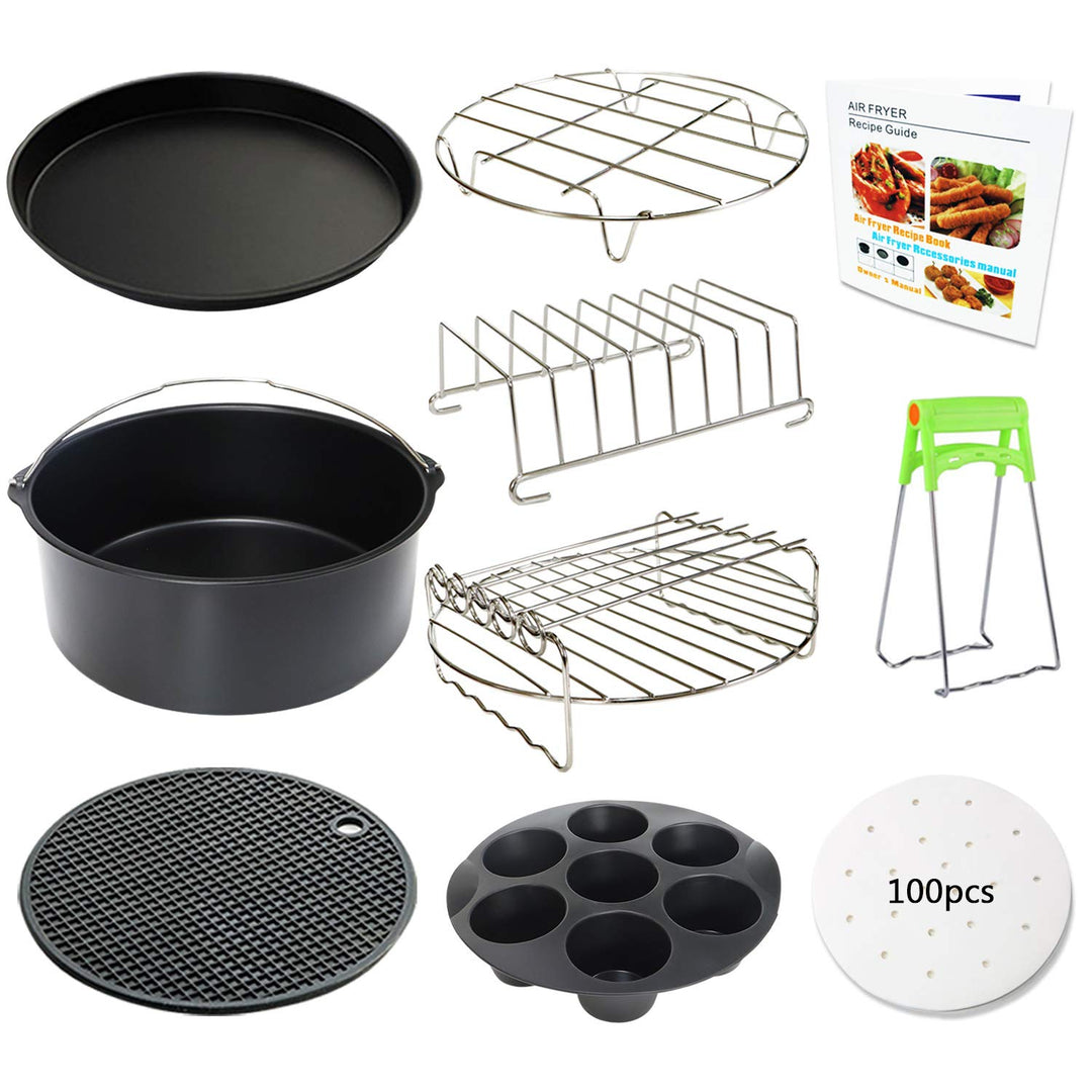 23CM Heissluftfritteuse Zubehör XL 10 Stück mit Cupcake-Pfanne, Pizzapfanne, Silikon-Backbecher, 100