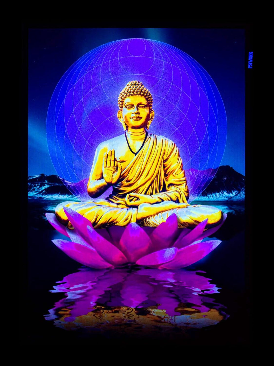 PSYWORK Schwarzlicht Stoffposter Neon | Sacred Lotus Buddha | 0,5 x 0,7m | UV-aktiv | fluoreszierend