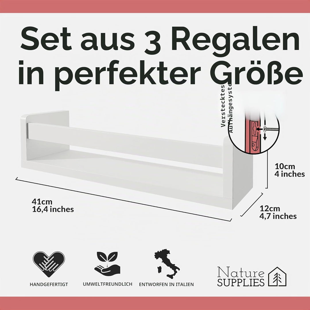 NATURE SUPPLIES Bücherregal Kinder, 3er-Set, Regal Kinderzimmer, Wandregal Kinderzimmer, ideal für B