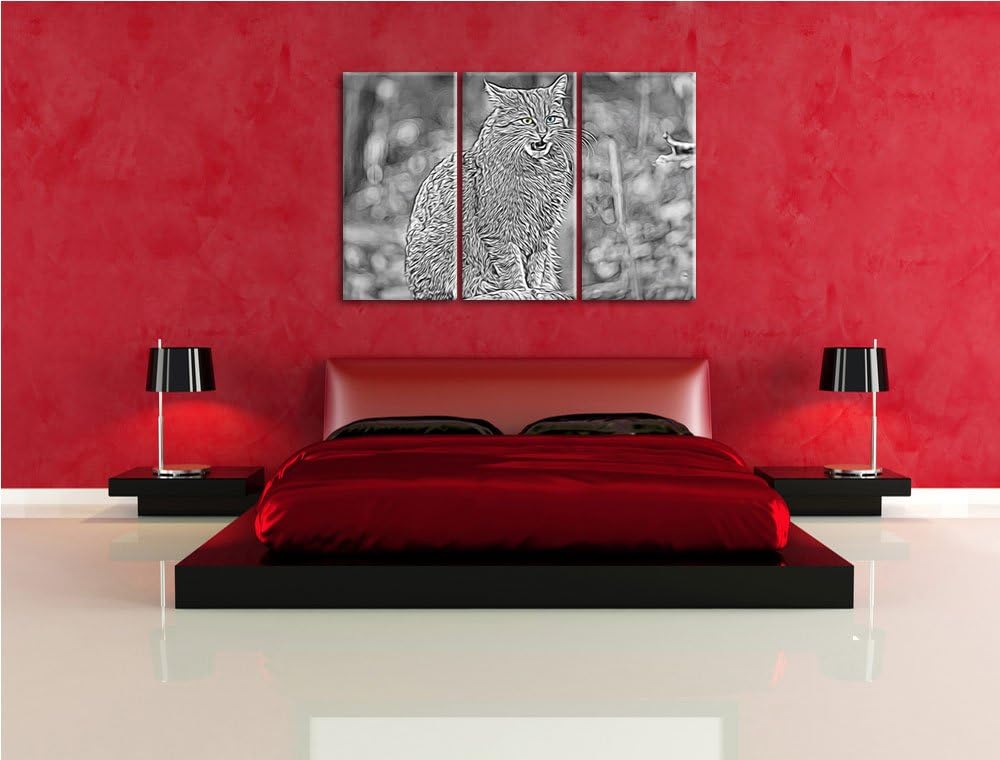 bildschöne Manul auf Baumstamm schwarz/weiss Deluxe 3-Teiler Leinwandbild 120x80 Bild auf Leinwand,
