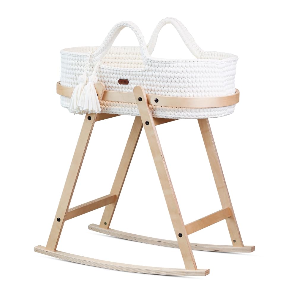 LIINI® Babywiege mit Moseskorb – sanfte Wiegebewegung, handgehäkelt, nachhaltiges Holzgestell, inkl.