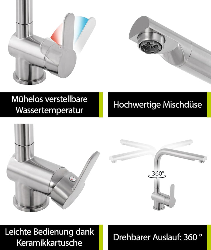 aquaSu® Niederdruck Spültischarmatur Sanmix Style, für Boiler oder Warmwasseranschluss, hoher Auslau