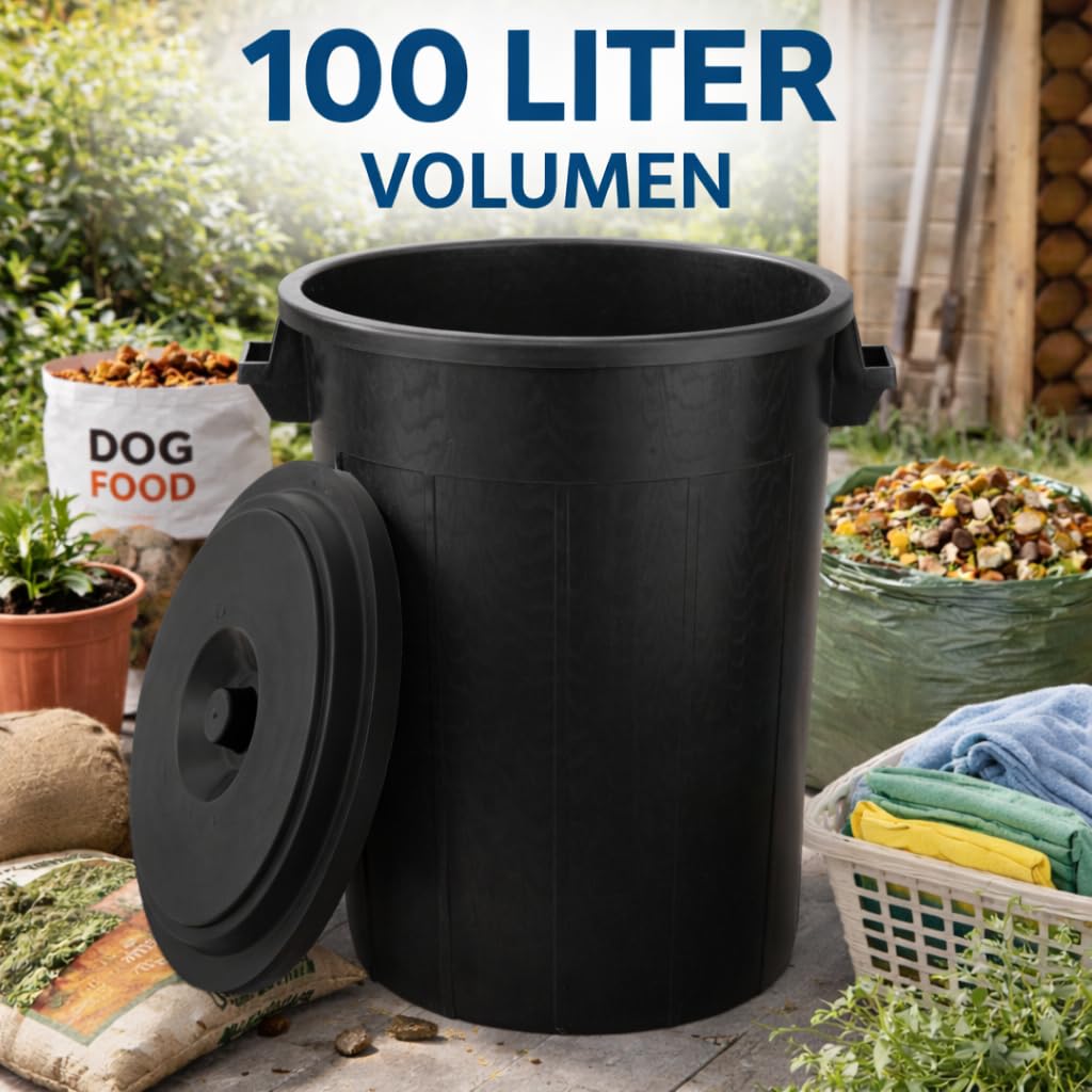 Universaltonne 100 Liter Deckel 2 Tragegriffen Allzweck Tonne Schwarz (100 Liter Tonne mit