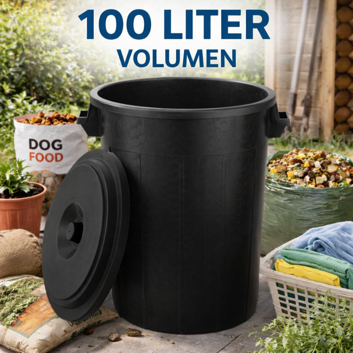 Universaltonne 100 Liter Deckel 2 Tragegriffen Allzweck Tonne Schwarz (100 Liter Tonne mit