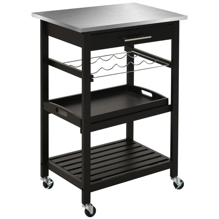 HOMCOM Servierwagen Küchenwagen Rolltisch mit Flaschenregal 60L x 40l x 85H cm Edelstahlplatte. Schw