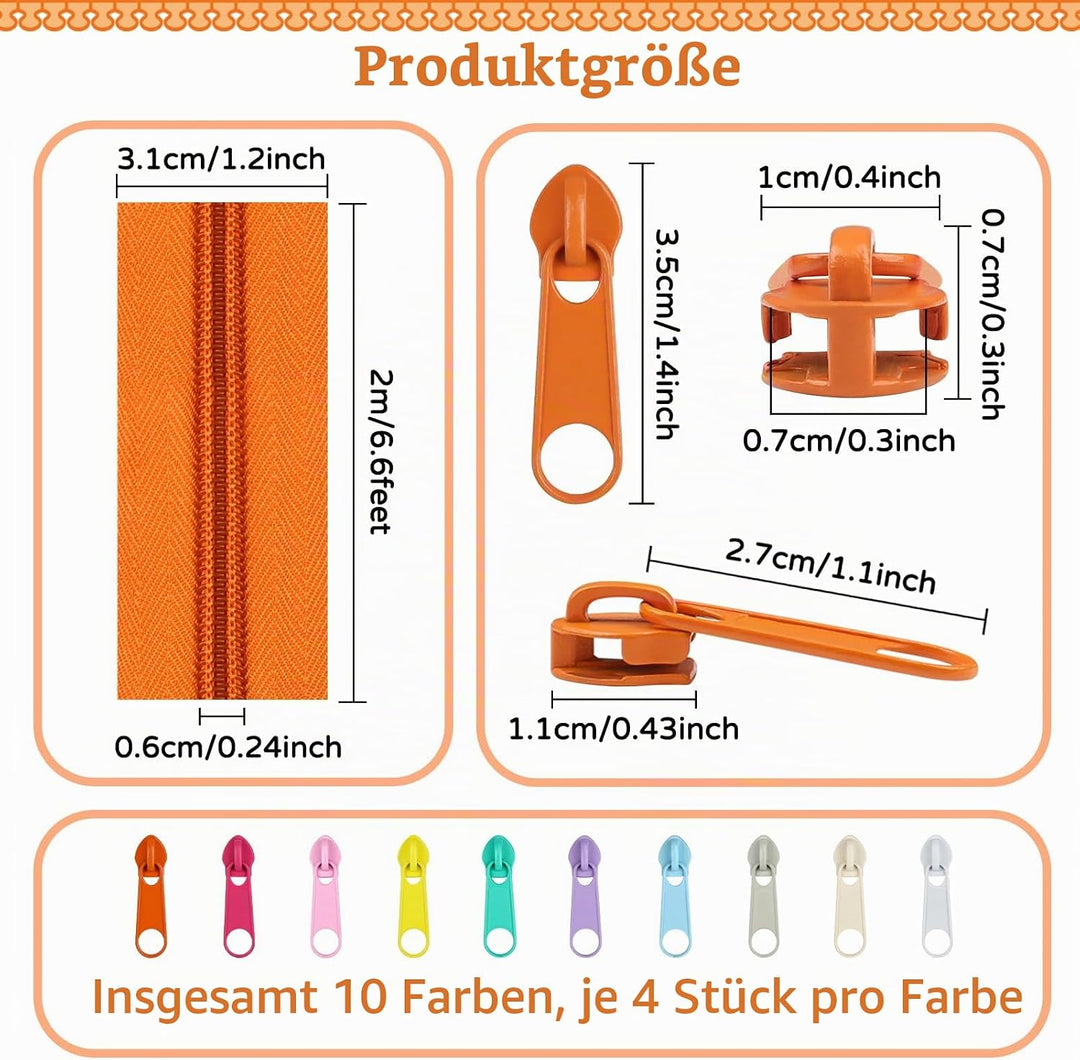 DOITEM Endlos Reissverschluss Set mit Zipper 5mm 20 Meter Inklusive 40 Metall Schieber für Kleidung