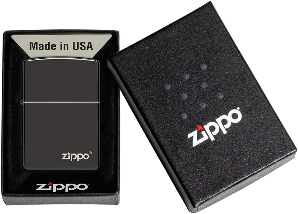 ZIPPO - High Polish Black mit Logo - nachfüllbares Sturmfeuerzeug in hochwertiger Geschenkbox (schwa
