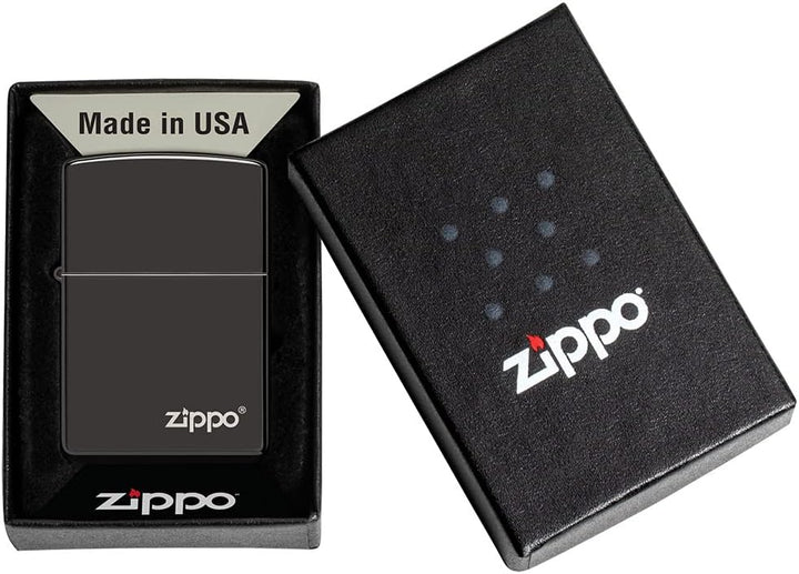 ZIPPO - High Polish Black mit Logo - nachfüllbares Sturmfeuerzeug in hochwertiger Geschenkbox (schwa