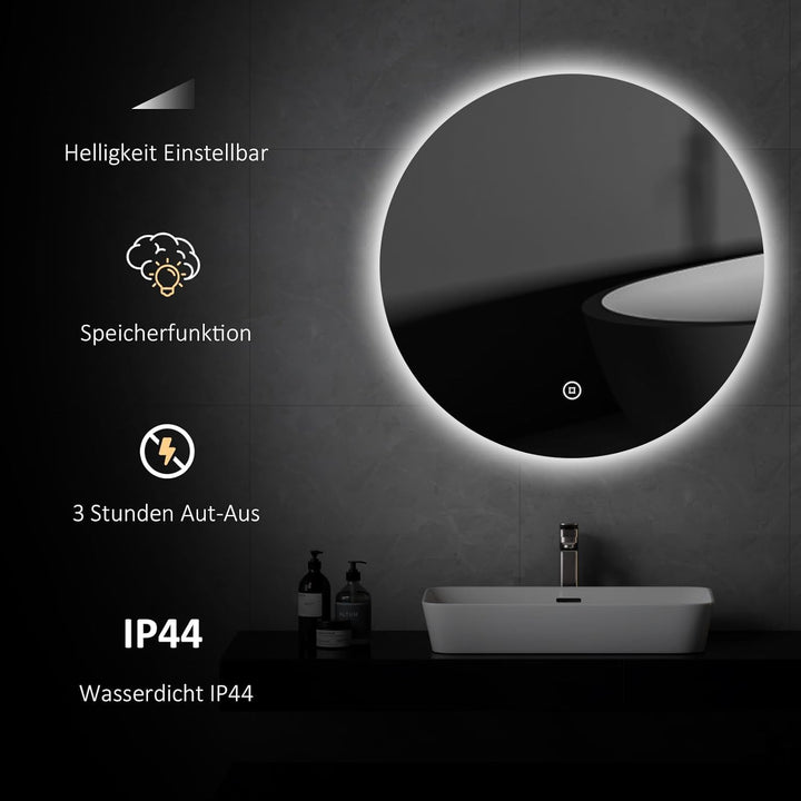 EMKE Badspiegel mit Beleuchtung Rund 50cm Rund LED Badspiegel mit Touch-Schalter, Dimmbar, 6500K, 3