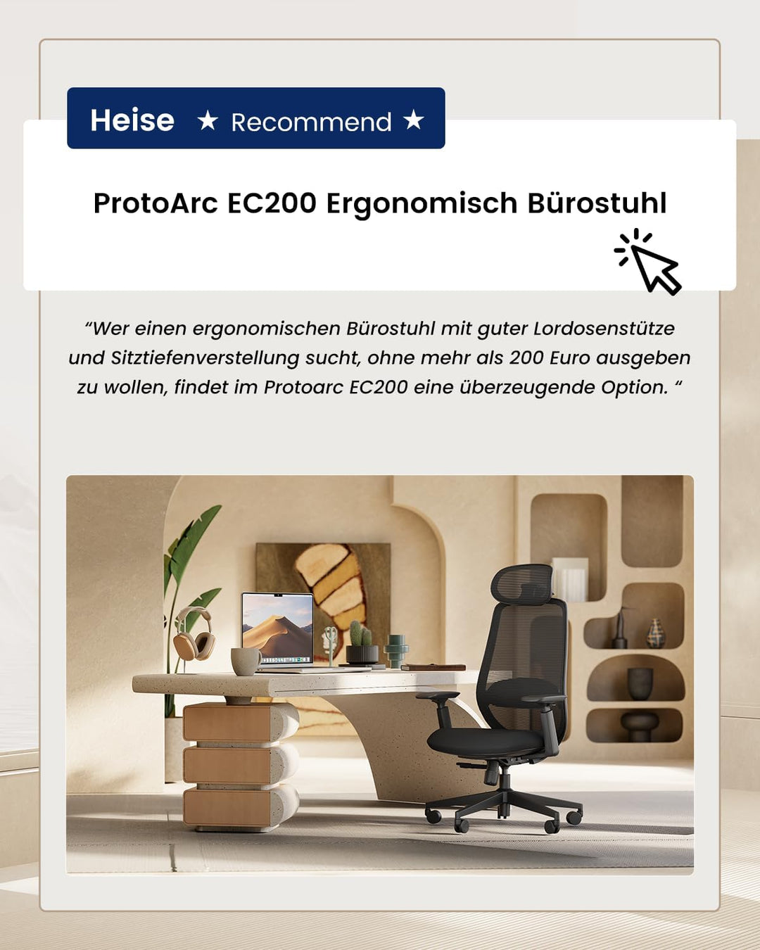 ProtoArc EC200 Bürostuhl Ergonomisch, Schreibtischstuhl mit Höhen- und Tiefenverstellbarer Lendenwir