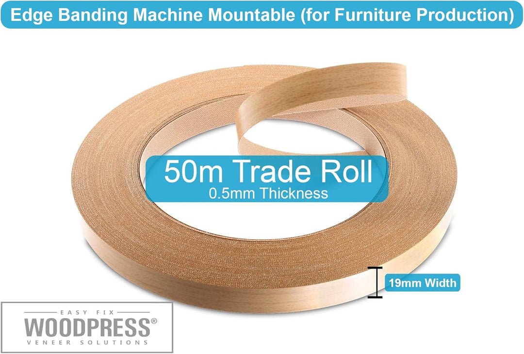 WoodPress® 19mm Buchenholz-Stil Melamin Kantenumleimer mit Schmelzkleber – 50m Industrielle Rolle –