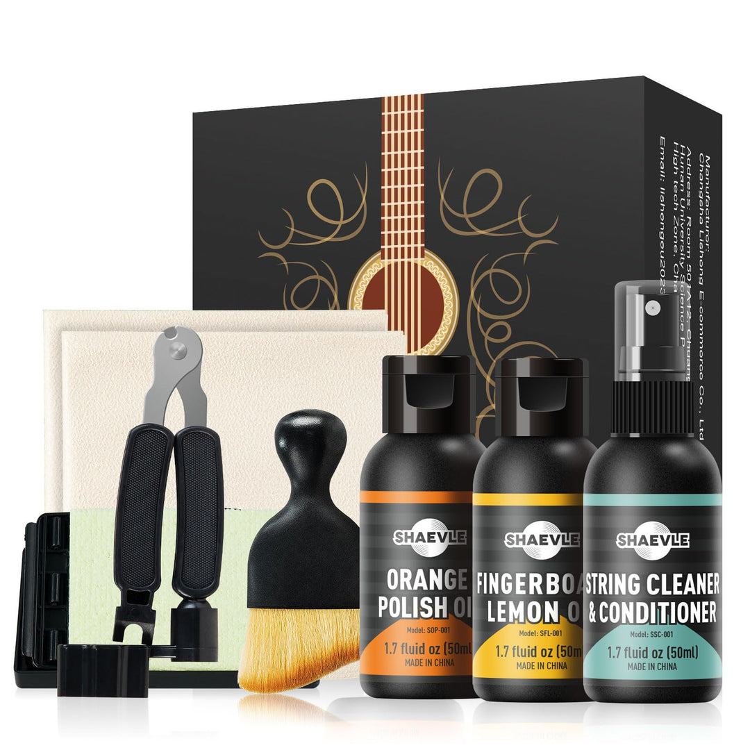 Akustikgitarre Reinigungsset, ALL IN ONE Gitarren-Pflegeset INKL. Gitarrenpolitur, Griffbrett-Zitron