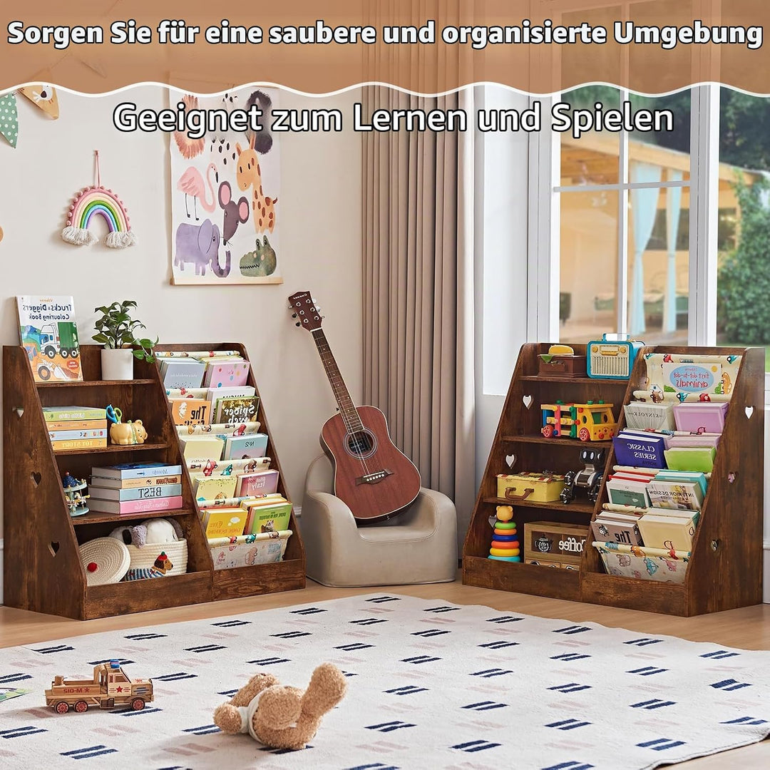 Kinder Bücherregal mit 5 Bücherdisplays und 4 Ablagefächer, Gross Braun Kinderregal Büchergestell fü