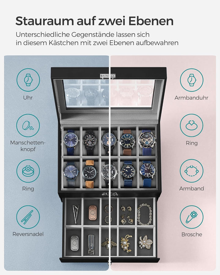 SONGMICS Uhrenbox, Uhrenkasten mit Glasdeckel, 2 Ebenen, Uhrenkoffer mit herausnehmbaren Uhrenkissen