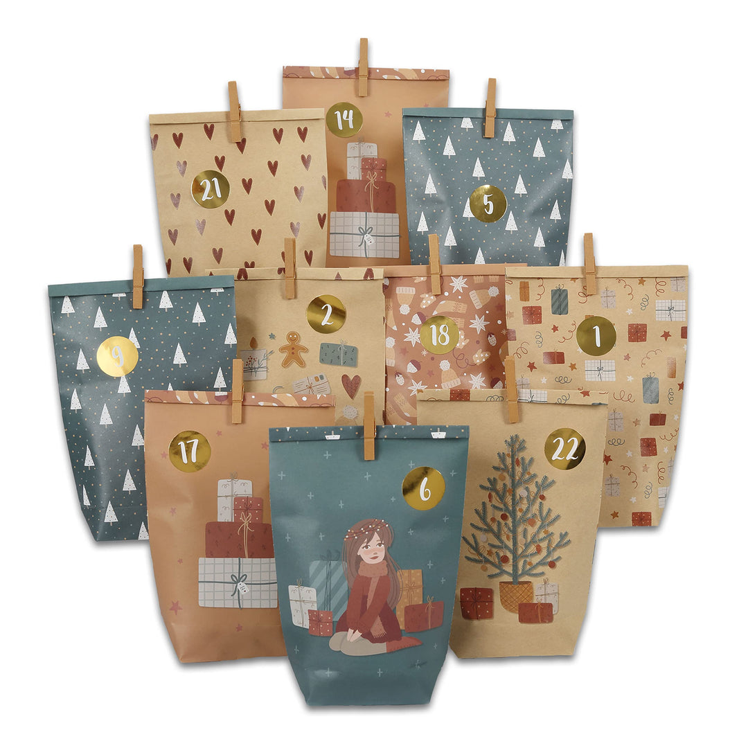 Papierdrachen Adventskalender 2025 zum Befüllen - 24 braune & petrolfarbene bedruckte Geschenktüten