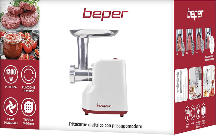 BEPER P102ROB200 Elektrischer Fleischwolf und elektrischer Tomatenwolf 1200W mit Edelstahl-Auszügen