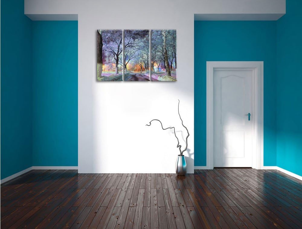 Pixxprint Baumallee im Winter Bunstift Effekt 3-Teiler Leinwandbild 120x80 Bild auf Leinwand