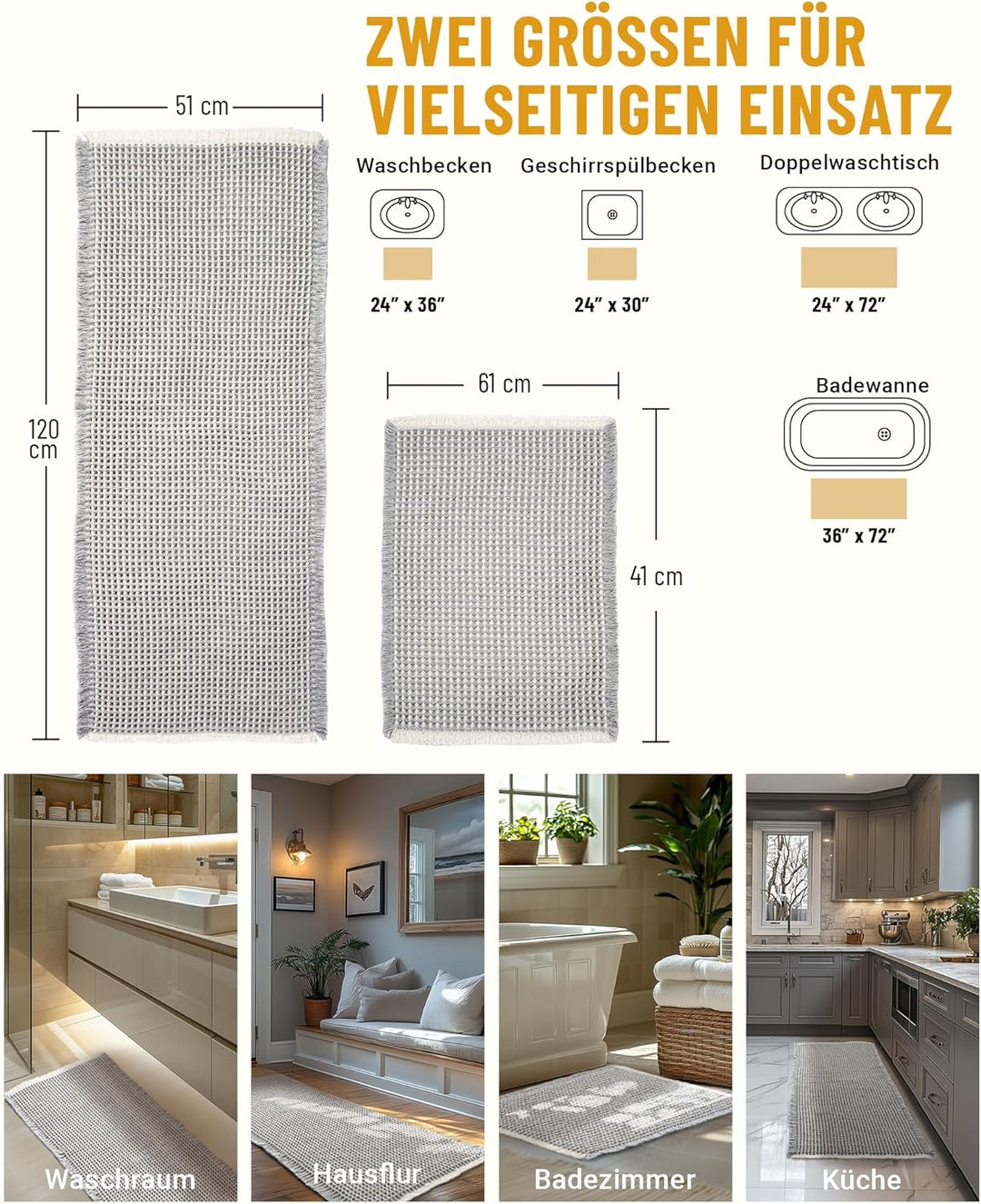 Grosses Badteppich Set, Boho Badematte Grau, Badezimmerteppich Set 2 Teilig, Waschbar Badezimmermatt