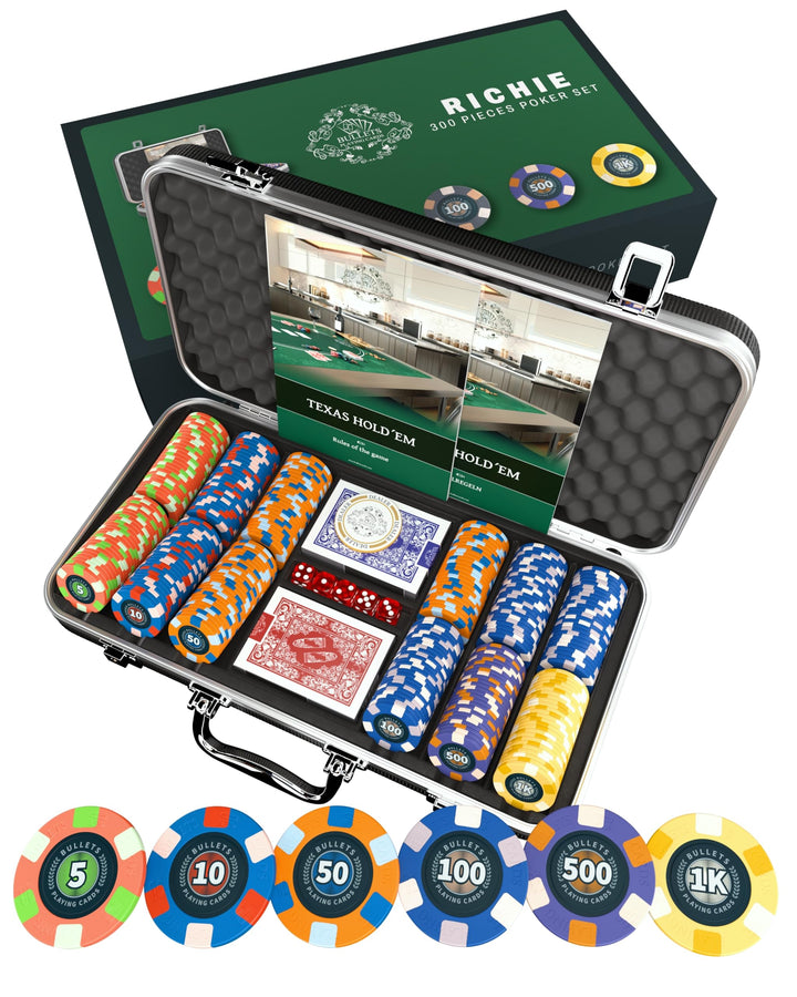 Bullets Playing Cards | Pokerkoffer „Richie“ mit 300 Keramik Pokerchips 10g | Pokerset mit Karten, W