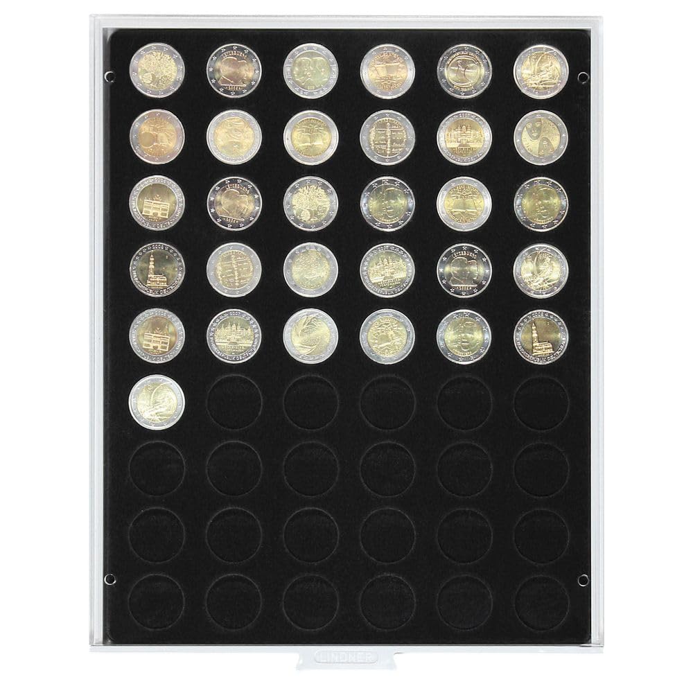 LINDNER Das Original Münzbox Carbo mit 54 runden Vertiefungen für Münzen mit Ø25,75 mm, z.B. für 2 E