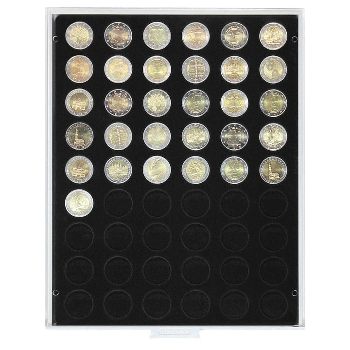 LINDNER Das Original Münzbox Carbo mit 54 runden Vertiefungen für Münzen mit Ø25,75 mm, z.B. für 2 E