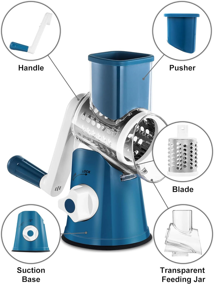 GDL Käsereibe mit Kurbel, Gemüsehobel mit 3 austauschbaren Trommelklingen, Reibe Küche Schnelles Sch