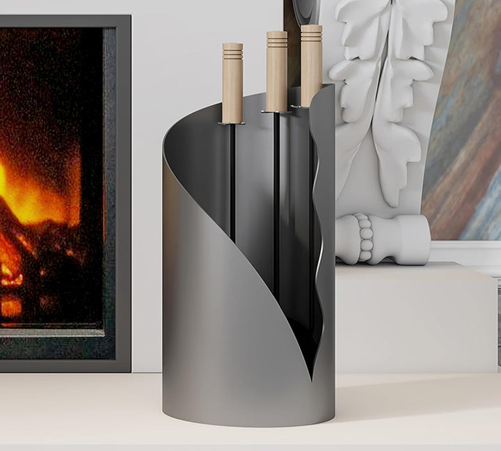 Kingson Kaminbegleiter-Set 3-teilig - Modernes Kaminbesteck mit Bürste, Schaufel & Schürhaken - Rund