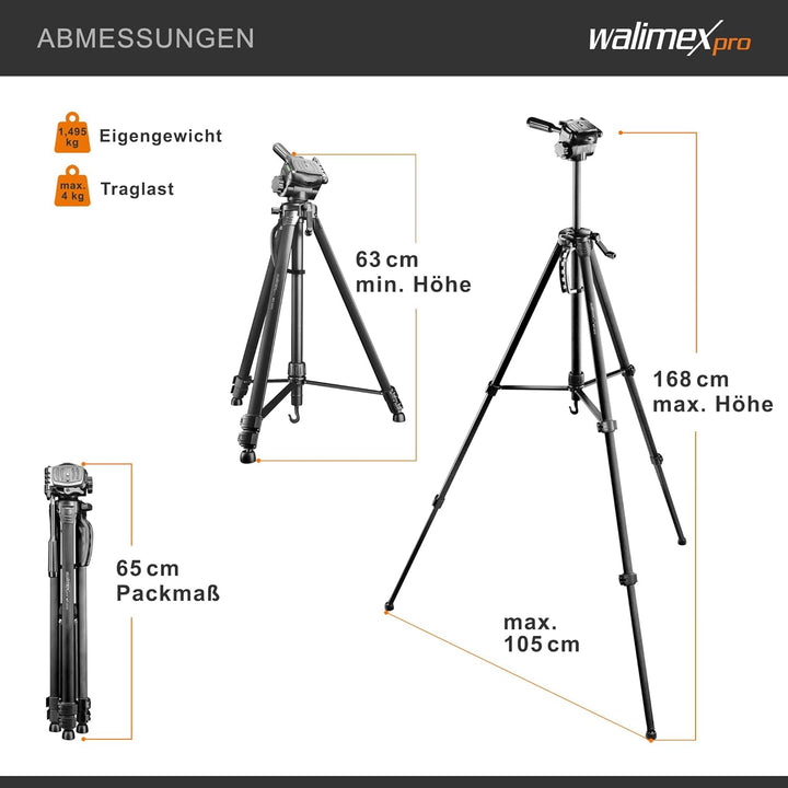 Walimex pro WT-3570 Basic Stativ 168cm schwarz – 4kg Traglast, grosses und stabiles Foto Video Stati