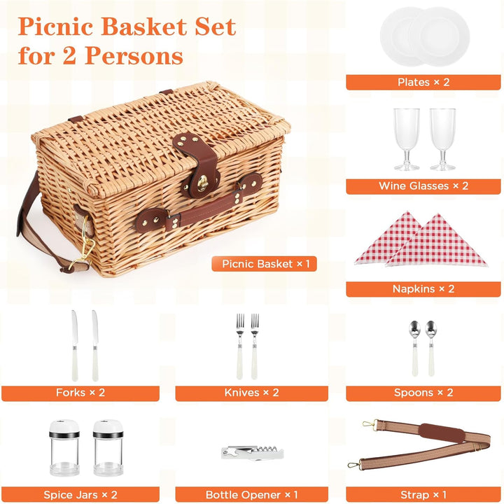 Wicker Picknickkorb für 2 Personen – Picknickkorb-Set mit Isolierfach,komplettem Geschirr & Besteck,