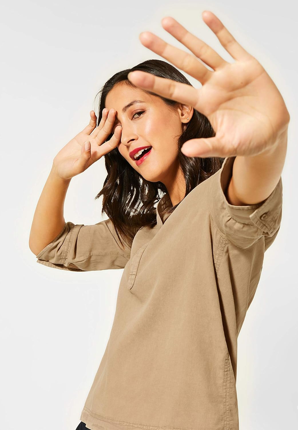 Street One Damen Bluse in Cord-Optik Pure Sand 34 Ärmel mit Schlitz und Knopf, Leichte Baumwolle