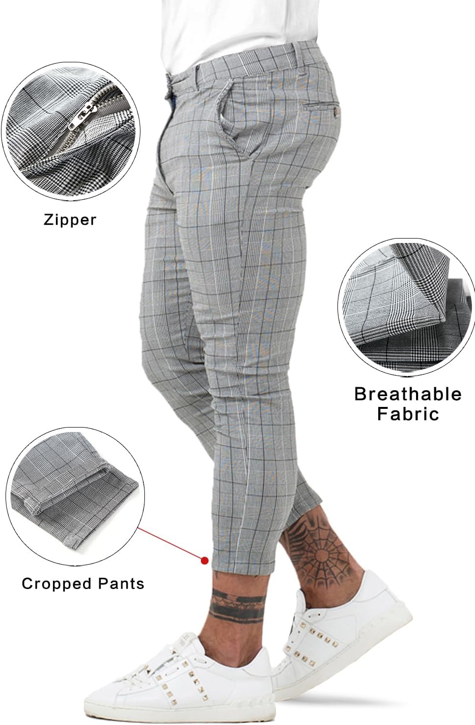 GINGTTO Chino Hose Herren Skinny Stretch Chinohose Karo Slim fit Stoffhose Check Tapered Pants für M