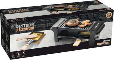 Bestron Raclette für 1 bis 2 Personen, Mini Tischgrill mit zwei Pfännchen, zwei Holzschabern & zwei