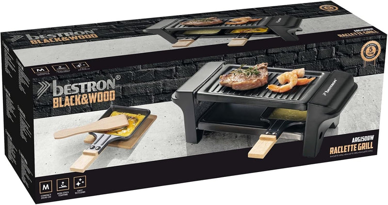 Bestron Raclette für 1 bis 2 Personen, Mini Tischgrill mit zwei Pfännchen, zwei Holzschabern & zwei