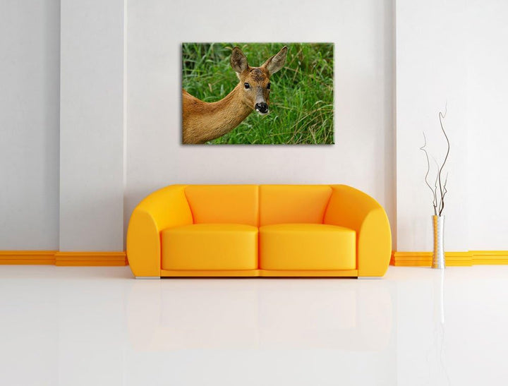 Reh beim Fressen, Format: 100x70 auf Leinwand, XXL riesige Bilder fertig gerahmt mit Keilrahmen, Kun