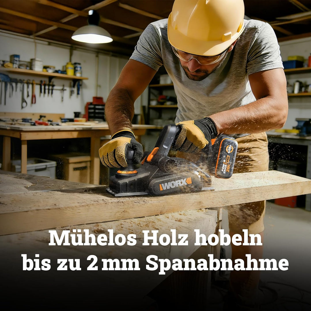 WORX WX620.9 Akku Hobel 20V, 82 mm Hobelbreite, Brushless Motor, 0–2 mm Spanabnahme, Falztiefe 0–8 m