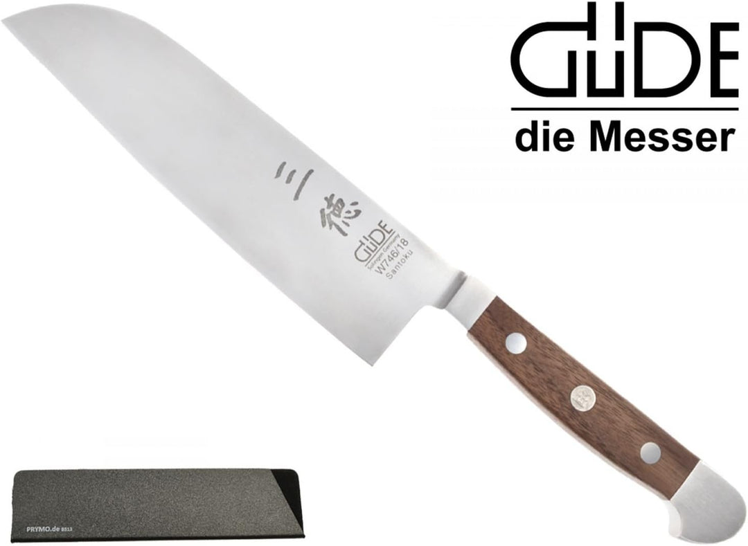 Güde Alpha Walnuss 1 Messer Solingen Santoku 18cm + Prymo Klingenschutz Gemüsemesser Santoku glatt 1