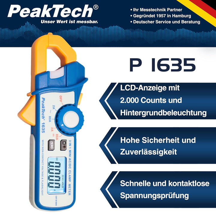 PeakTech P 1635 Stromzange, Kriechstromzange und Leckstromzange, mit 1 mA Auflösung und NCV, 1 Stück