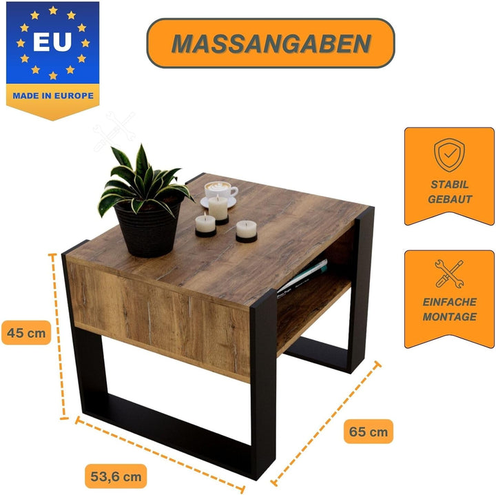 CraftPAK Wohnzimmer Tisch für Couch aus hochwertigem Holz, Stabiler & moderner Couchtisch mit zusätz