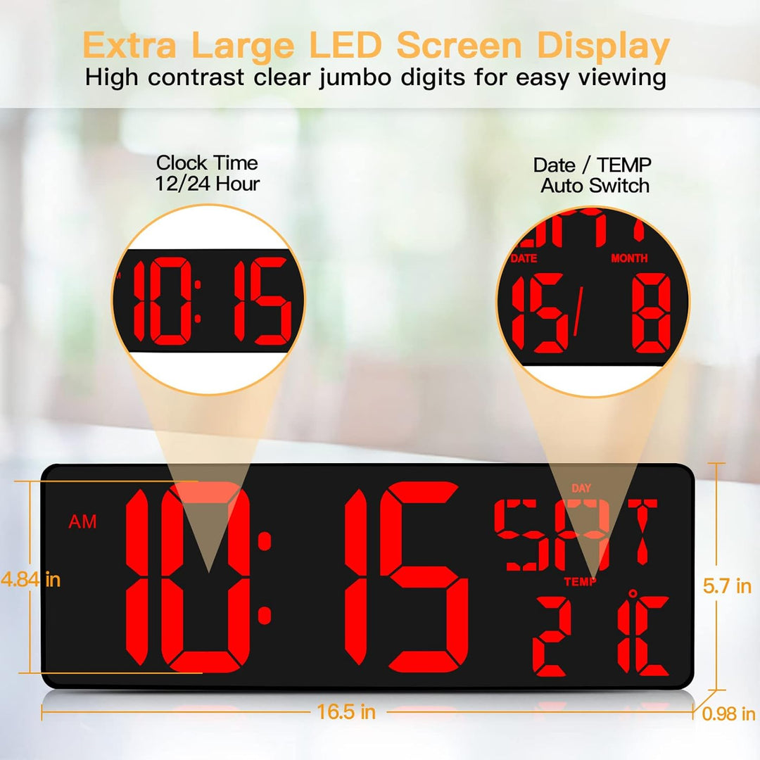 XREXS Wanduhr Digitale Gross mit Fernbedienung, 16,5'' Wanduhr Digital Uhr mit LED-Display, Digitale