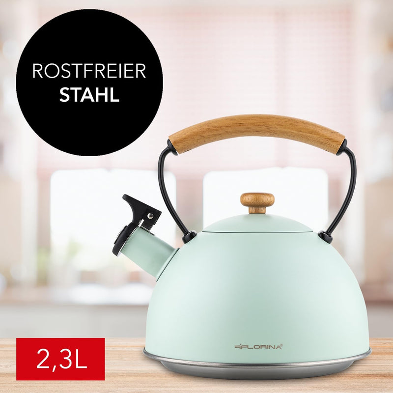 FLORINA Wasserkessel (2,3 l) | Edelstahl Teekessel NATURA | Flötenkessel mit Holzgriff | Automatisch