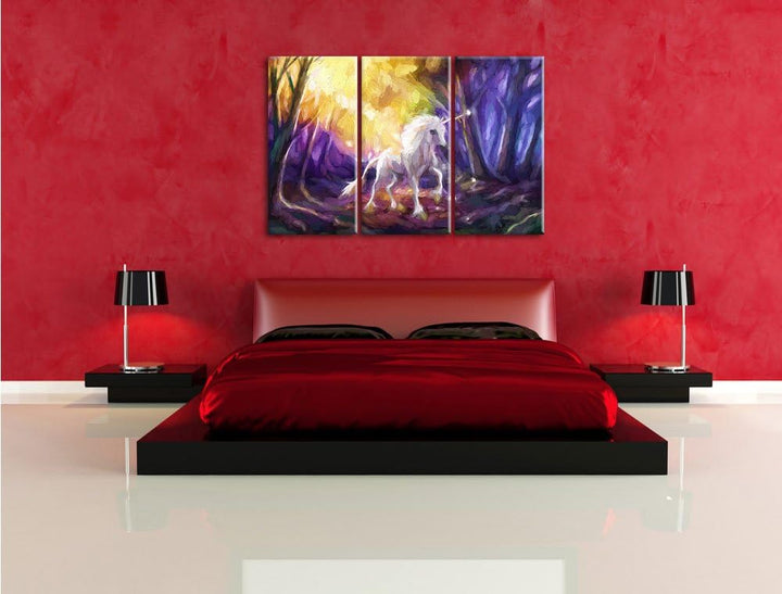 Pixxprint Einhorn im Märchenwald als Leinwandbild/Grösse: 3 Teilig (120x80) cm/Wandbild/Kunstdruck/f