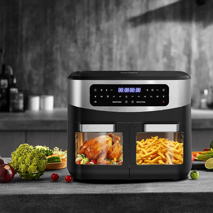 Iceagle Heissluftfritteuse 2 kammern Airfryer 12L - 2600W Heissluftfriteuse XXL mit Sichtfenster | F