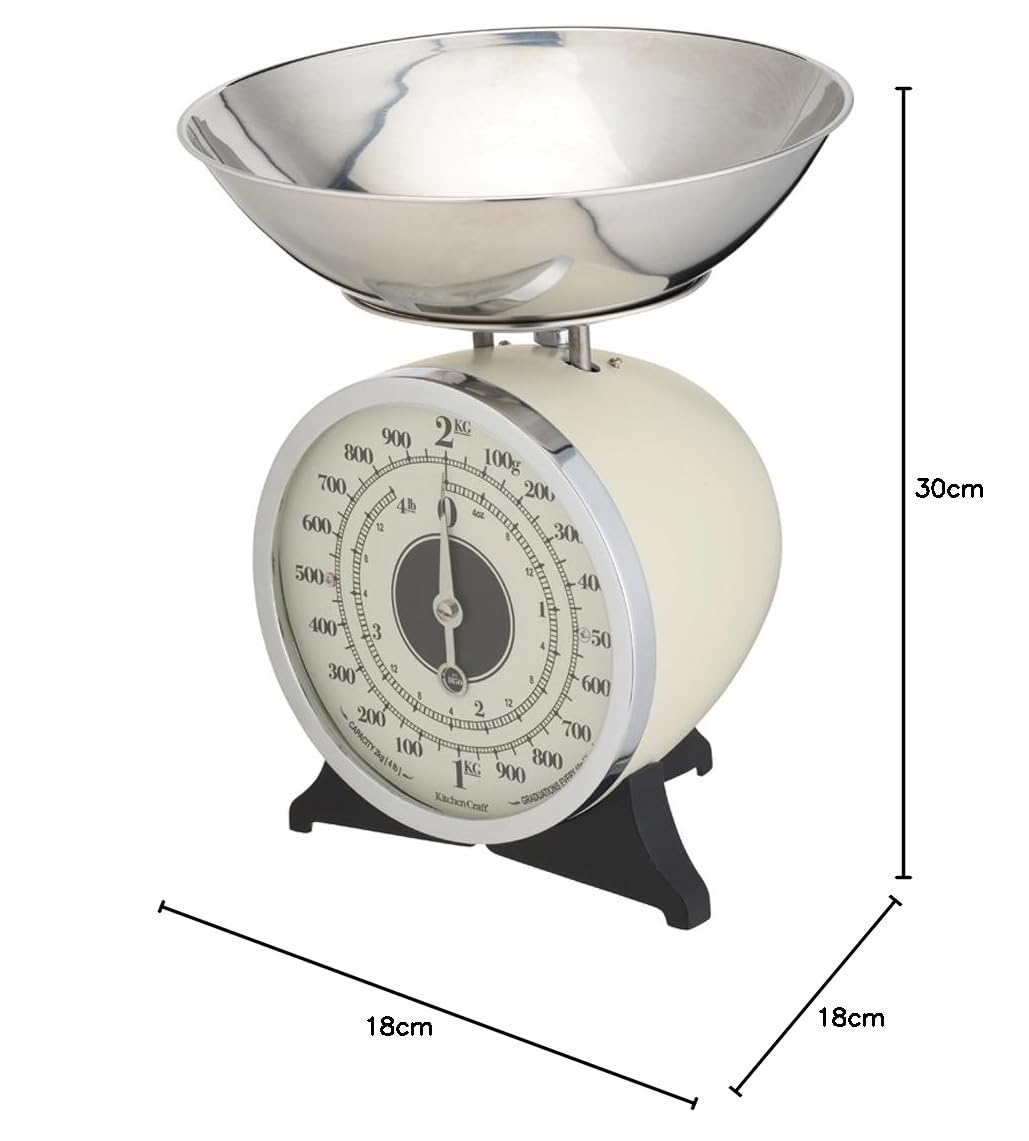 KitchenCraft Classic Collection Mechanische Küchenwaage mit Schale, Geschenkbox, Cremefarben, 2kg Si