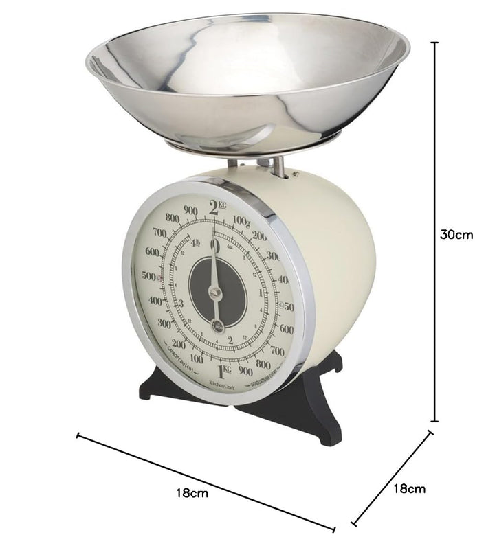 KitchenCraft Classic Collection Mechanische Küchenwaage mit Schale, Geschenkbox, Cremefarben, 2kg Si