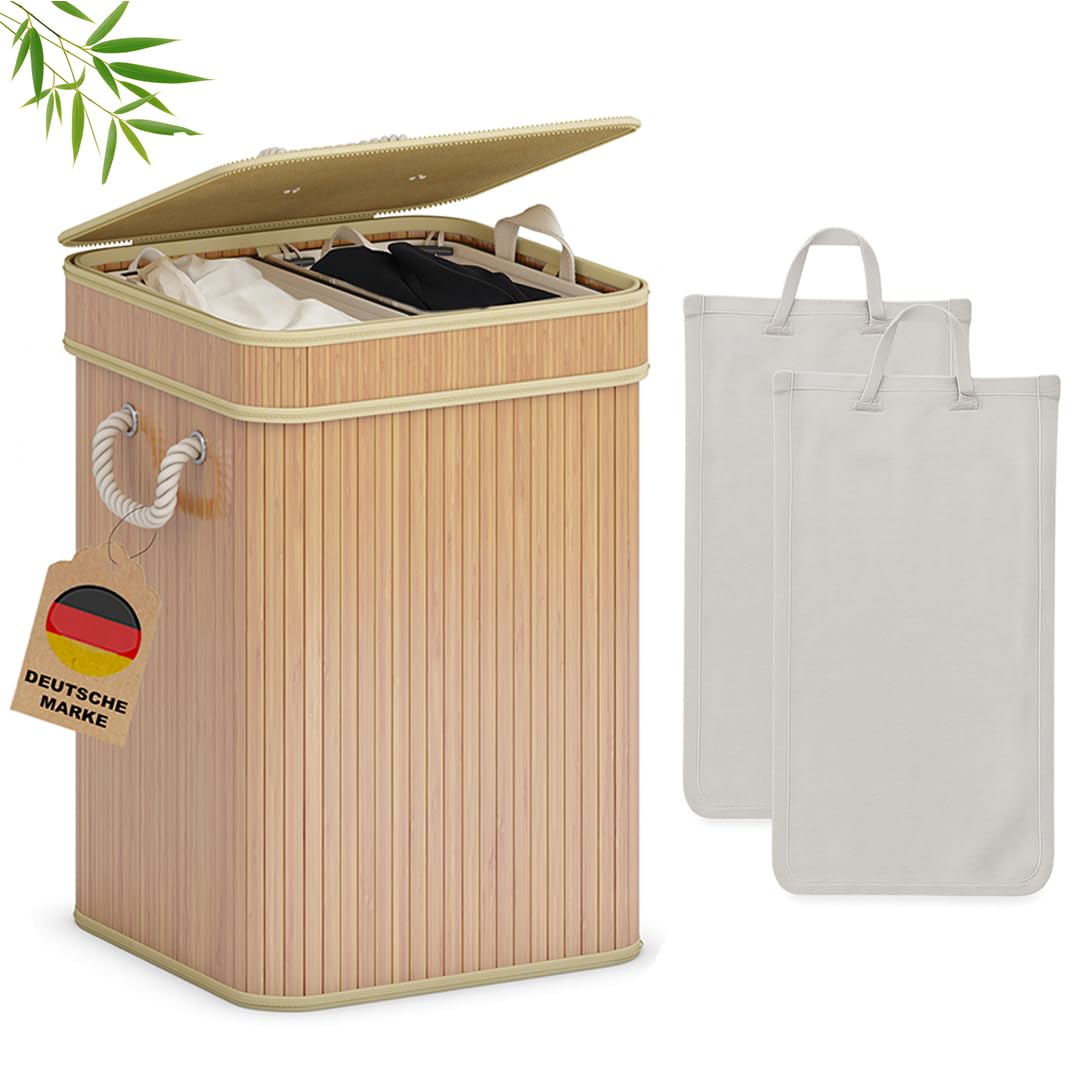 AdelDream Wäschekorb 100L Bambusoptik mit Deckel & Griffen, 2-Fach Wäschesammler Faltbar, Wäschebox