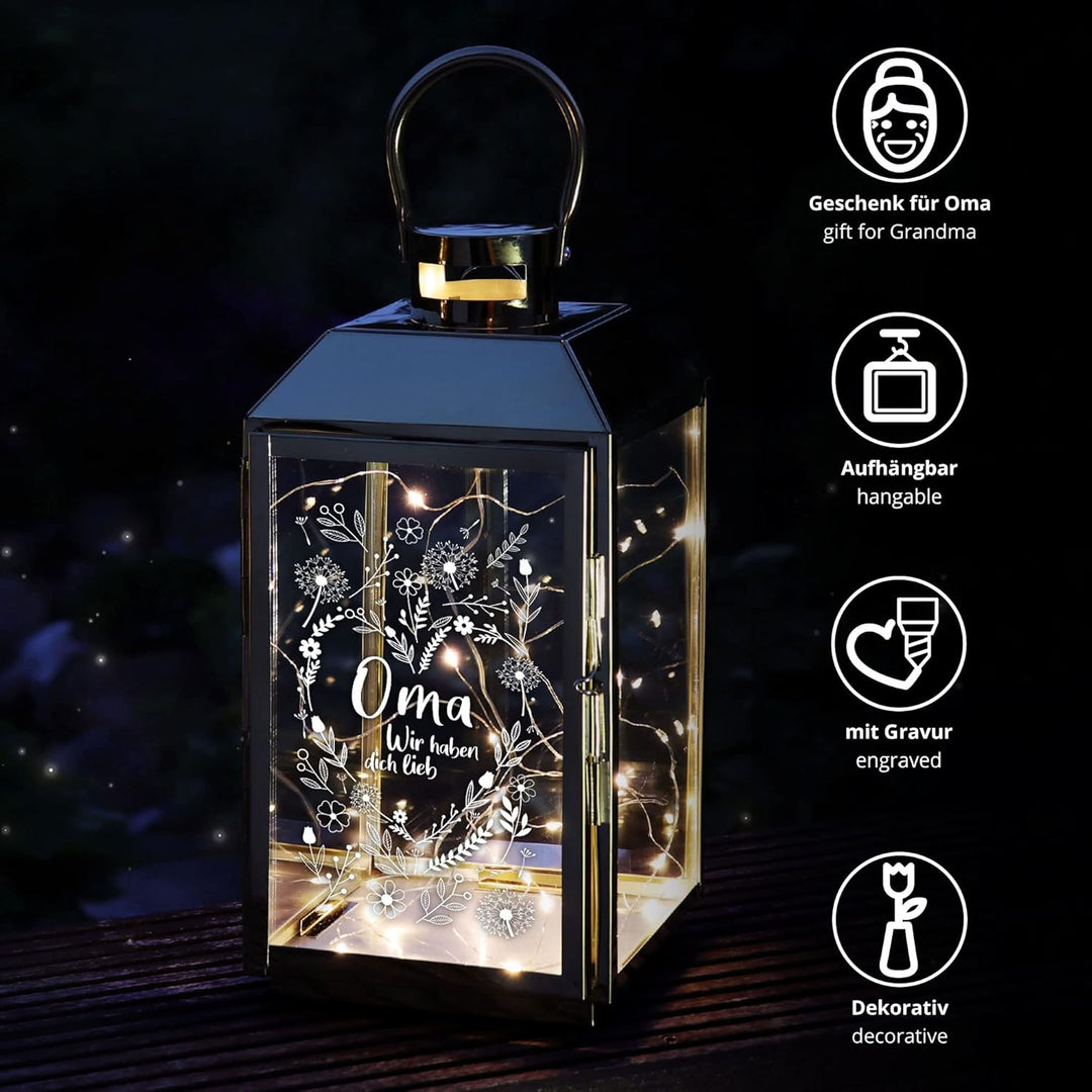 Laterne mit Gravur für Oma, Deko Kerzen Windlicht, Geschenk für Oma, Outdoor Garten Dekoration, Grav
