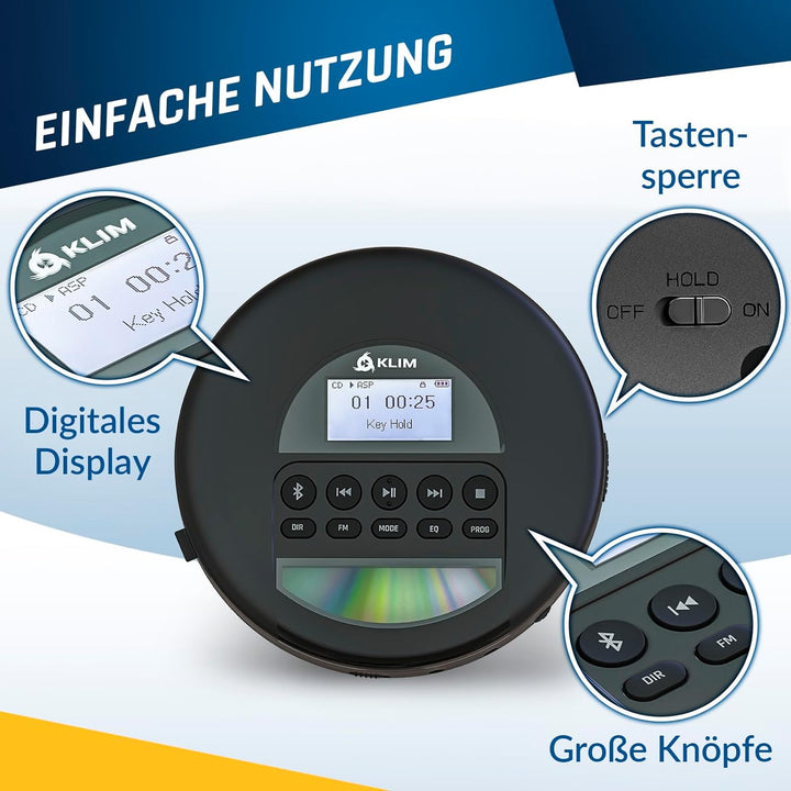 KLIM Nomad - Tragbarer CD-Player Discman mit langlebigem Akku - Inklusive Kopfhörer - Kompatibel mit