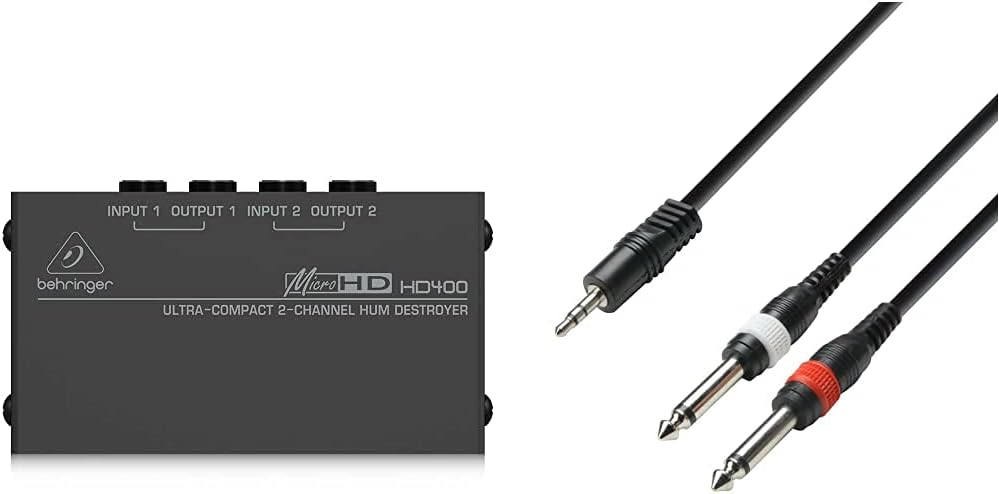 Behringer MICROHD HD400 Ultrakompakter 2-Kanal Brummzerstörer Bundle mit 3,5mm auf 2 x 6,3mm Kabel,