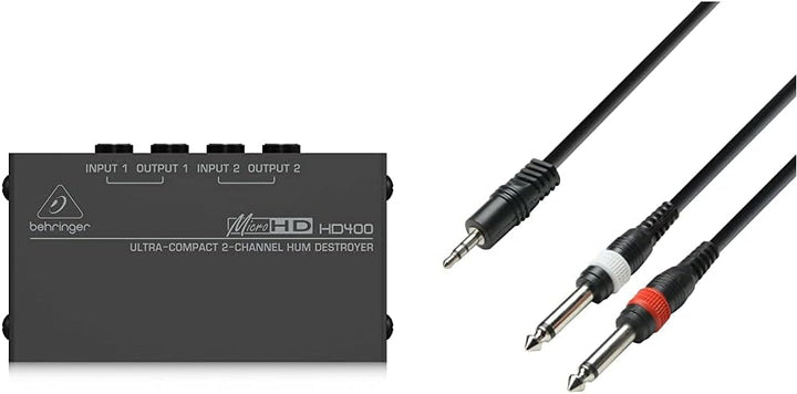 Behringer MICROHD HD400 Ultrakompakter 2-Kanal Brummzerstörer Bundle mit 3,5mm auf 2 x 6,3mm Kabel,